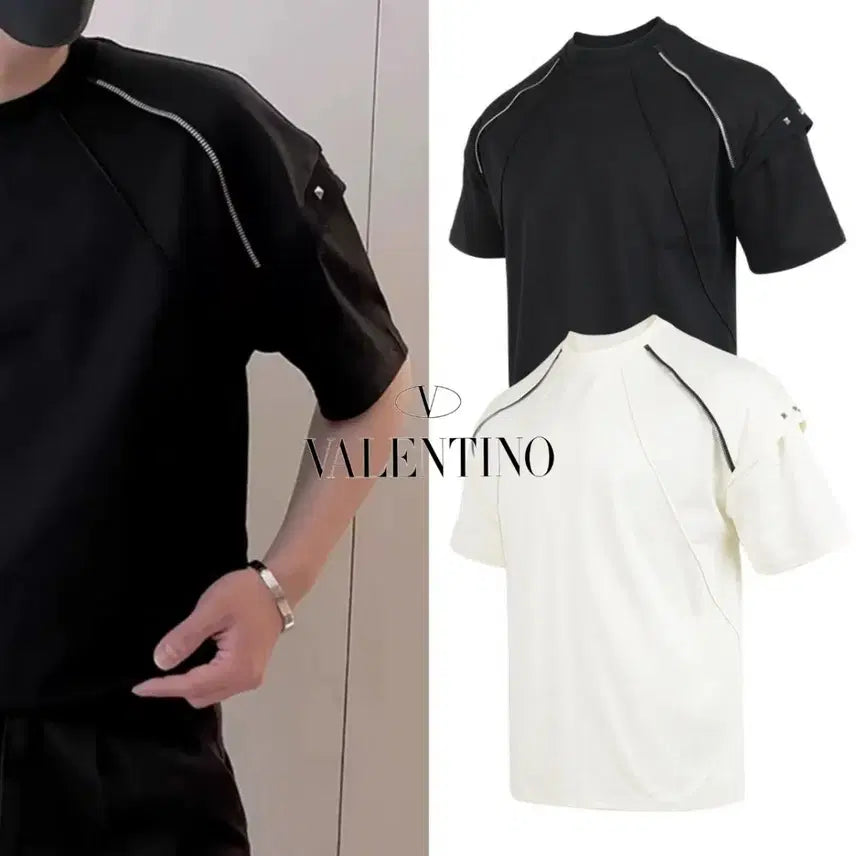 [BUNJANG] Ziper Studded Silk Round T-shirt / 지퍼 락스터드 실켓 라운드 티