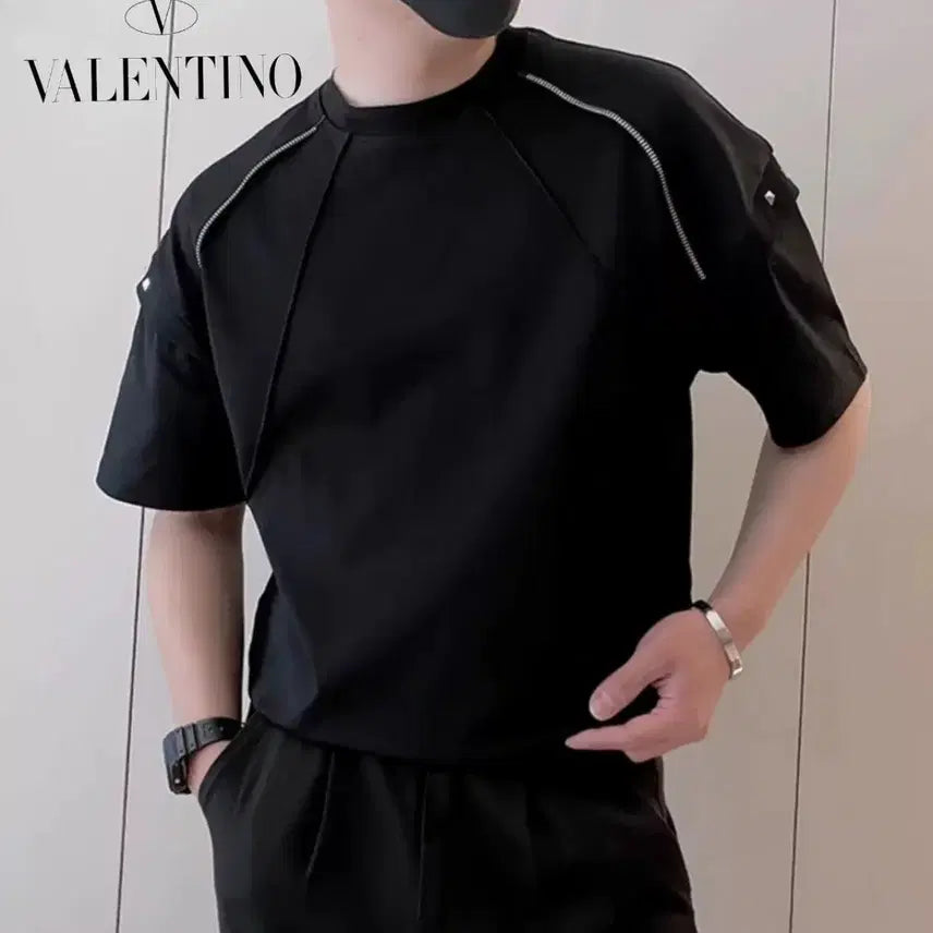 [BUNJANG] Ziper Studded Silk Round T-shirt / 지퍼 락스터드 실켓 라운드 티