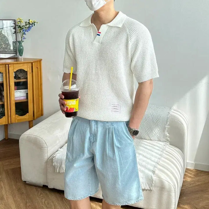 [BUNJANG] Linen Waffle Raglan Collar Knit Top / 린넨 와플 나그랑 카라니트