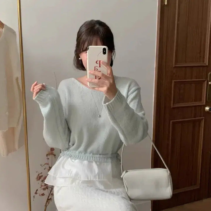 [BUNJANG] Mint Layered Knit Blouse / 민트 블라우스 레이어드 니트