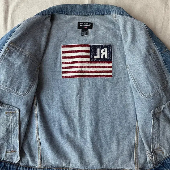 [BUNJANG] Polo Jeans Co. Ralph Lauren Flag Patch Cropped Denim Jacket / 폴로 진스 랄프로렌 성조기 크롭 데님자켓 L