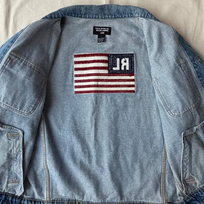 [BUNJANG] Polo Jeans Co. Ralph Lauren Flag Patch Cropped Denim Jacket / 폴로 진스 랄프로렌 성조기 크롭 데님자켓 L