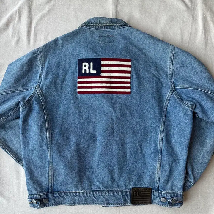 [BUNJANG] Polo Jeans Co. Ralph Lauren Flag Patch Cropped Denim Jacket / 폴로 진스 랄프로렌 성조기 크롭 데님자켓 L