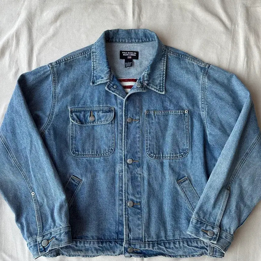 [BUNJANG] Polo Jeans Co. Ralph Lauren Flag Patch Cropped Denim Jacket / 폴로 진스 랄프로렌 성조기 크롭 데님자켓 L