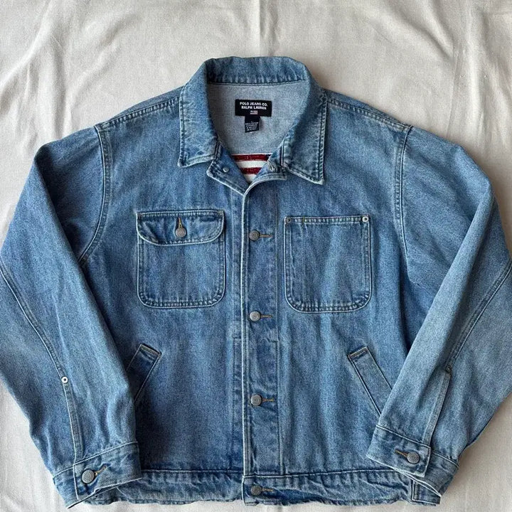 [BUNJANG] Polo Jeans Co. Ralph Lauren Flag Patch Cropped Denim Jacket / 폴로 진스 랄프로렌 성조기 크롭 데님자켓 L