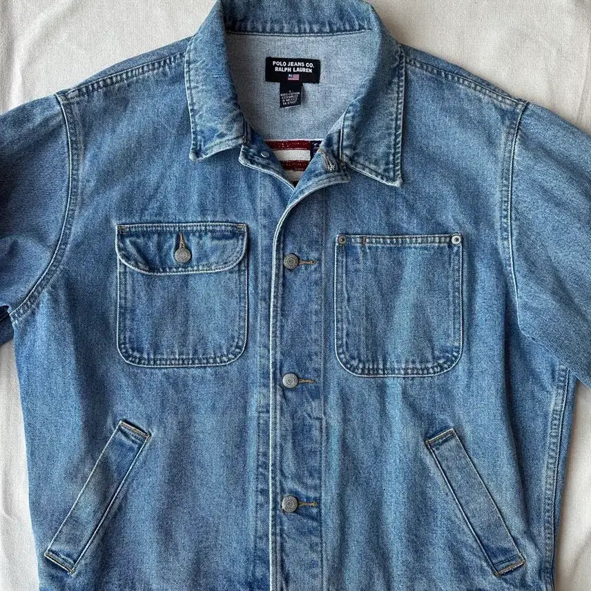 [BUNJANG] Polo Jeans Co. Ralph Lauren Flag Patch Cropped Denim Jacket / 폴로 진스 랄프로렌 성조기 크롭 데님자켓 L