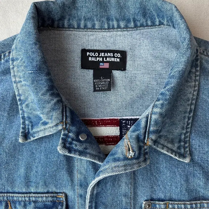 [BUNJANG] Polo Jeans Co. Ralph Lauren Flag Patch Cropped Denim Jacket / 폴로 진스 랄프로렌 성조기 크롭 데님자켓 L
