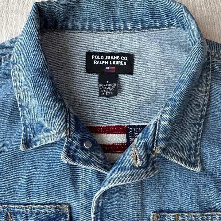 [BUNJANG] Polo Jeans Co. Ralph Lauren Flag Patch Cropped Denim Jacket / 폴로 진스 랄프로렌 성조기 크롭 데님자켓 L