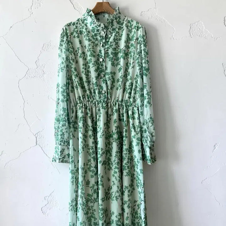 [SOLD OUT] 여성 롱 원피스 플라워 쉬폰 그린 봄원피스 하객룩 데일리
