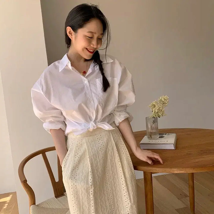 [BUNJANG] From Beginning Handmade Punch Lace Busteir Top &amp; Cocoon Skirt Set / [새상품] 프롬비기닝 자체제작 펀칭레이스 투피스 세트 셋업