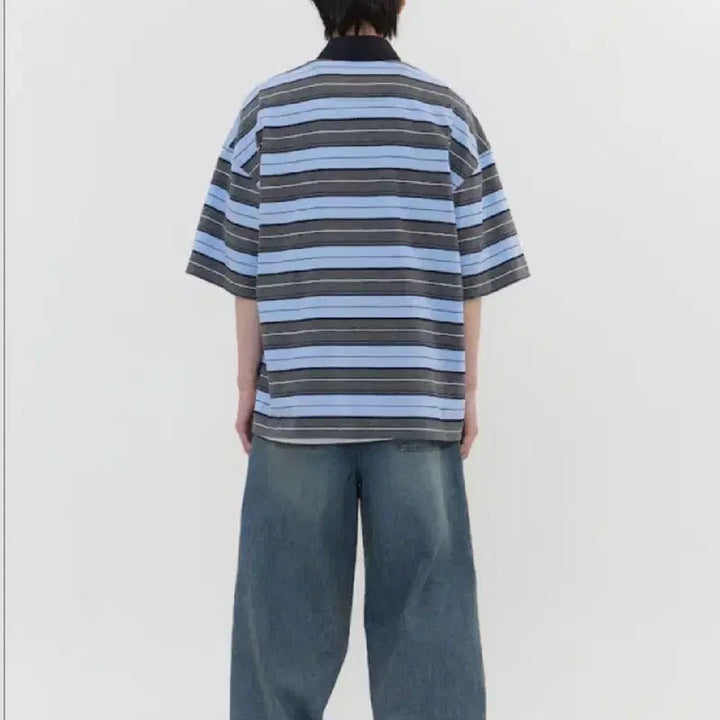 [SOLD OUT] 준지 멜란지 블루 스트라이프 폴로 숏슬리브 - 스카이 블루