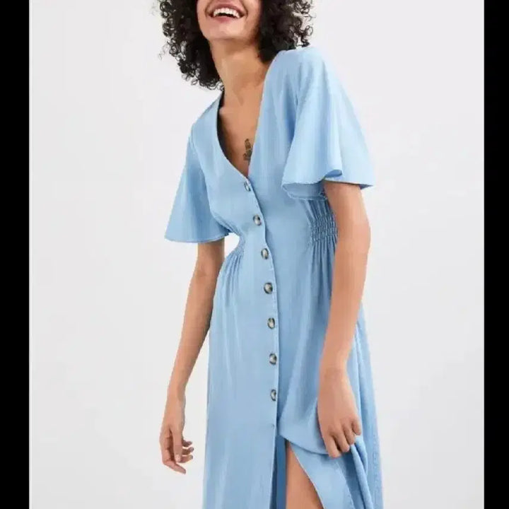 [BUNJANG] ZARA Black V-Neck Button Long Dress / 자라 블랙 브이넥 버튼 반팔 롱 원피스