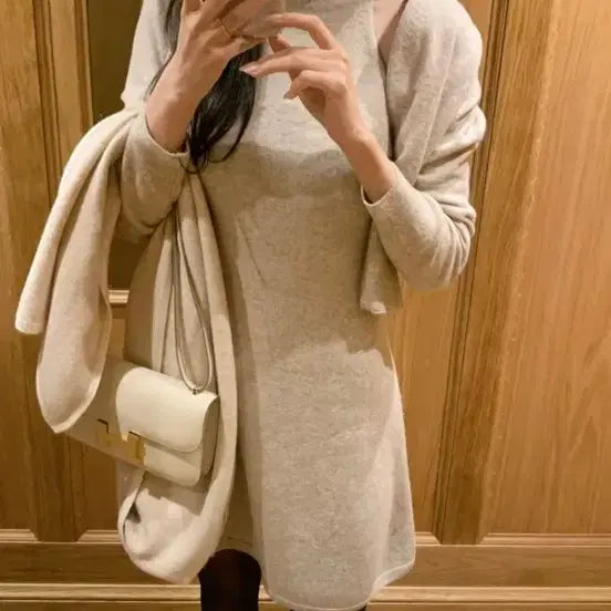 [BUNJANG] Laflaa Amber Knit Dress Cardigan Set White / 라플라 엠버 니트 원피스 가디건 세트 화이트 ( 에크루)