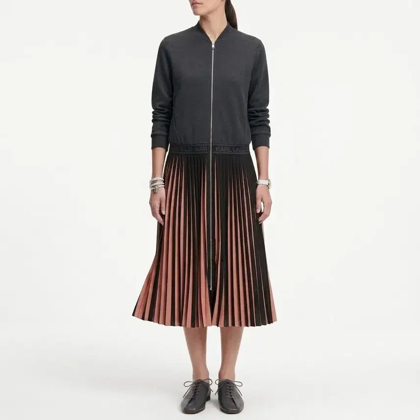 [BUNJANG] Karl Lagerfeld Pleated Long Dress / 칼라거펠트 집업 플리츠 롱 원피스 (카키/85-55사이즈)