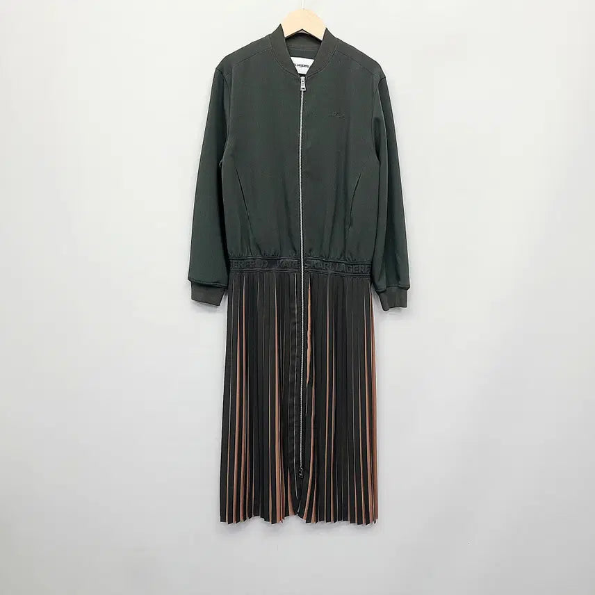 [BUNJANG] Karl Lagerfeld Pleated Long Dress / 칼라거펠트 집업 플리츠 롱 원피스 (카키/85-55사이즈)