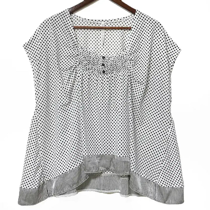 [BUNJANG] Japanese Vintage Polka Dot Ruffle Neck A-Line T-Shirt / 일본빈티지 도트땡땡이콩단추프릴셔링 오버A라인티 모리걸하구미룩갸루y2k히피