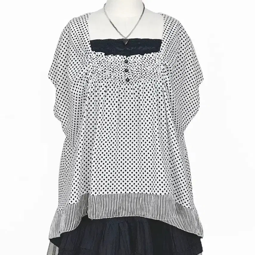 [BUNJANG] Japanese Vintage Polka Dot Ruffle Neck A-Line T-Shirt / 일본빈티지 도트땡땡이콩단추프릴셔링 오버A라인티 모리걸하구미룩갸루y2k히피