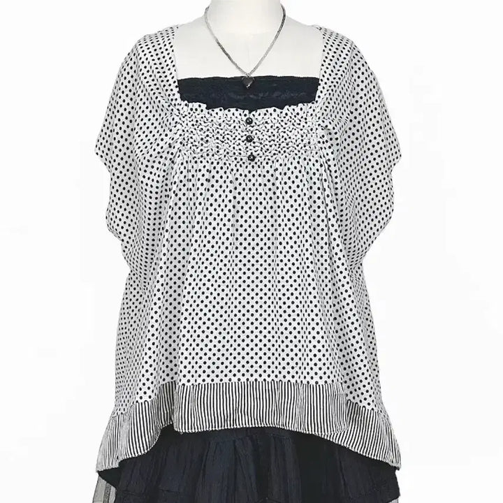 [BUNJANG] Japanese Vintage Polka Dot Ruffle Neck A-Line T-Shirt / 일본빈티지 도트땡땡이콩단추프릴셔링 오버A라인티 모리걸하구미룩갸루y2k히피