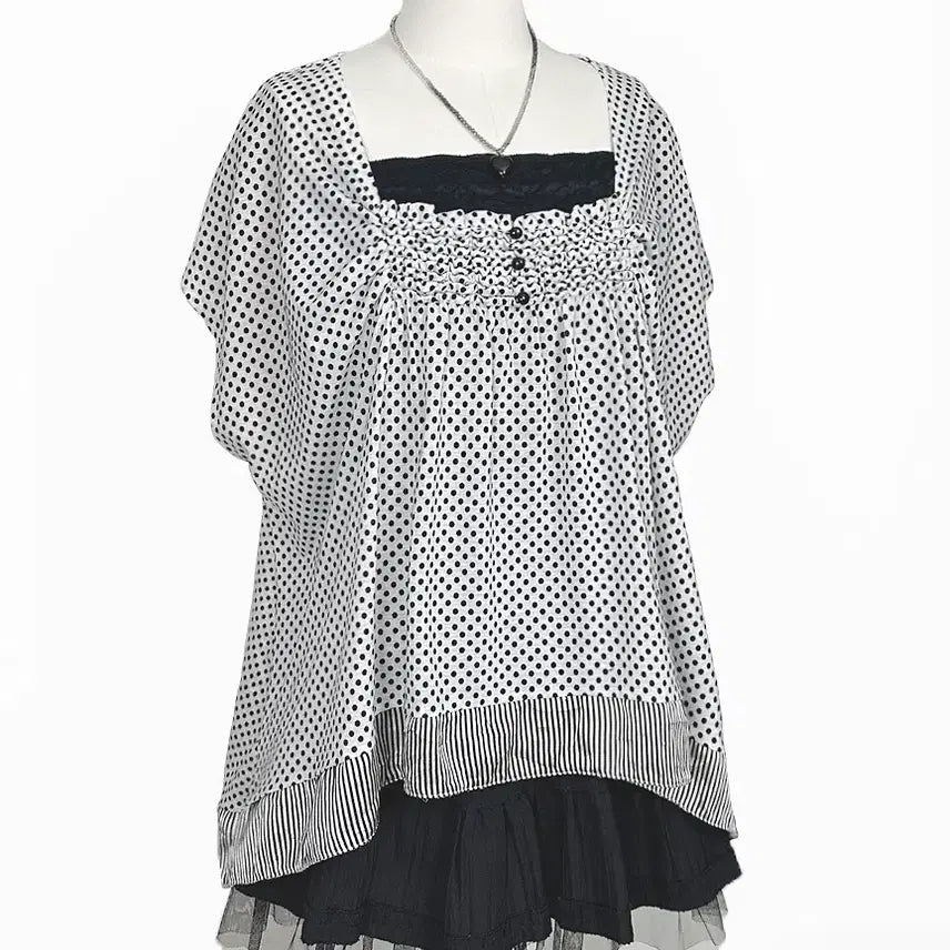 [BUNJANG] Japanese Vintage Polka Dot Ruffle Neck A-Line T-Shirt / 일본빈티지 도트땡땡이콩단추프릴셔링 오버A라인티 모리걸하구미룩갸루y2k히피