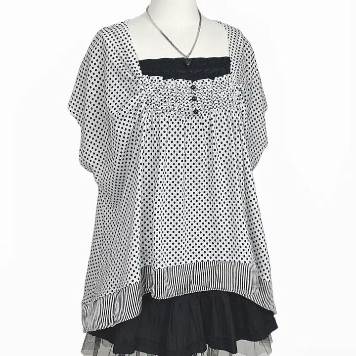 [BUNJANG] Japanese Vintage Polka Dot Ruffle Neck A-Line T-Shirt / 일본빈티지 도트땡땡이콩단추프릴셔링 오버A라인티 모리걸하구미룩갸루y2k히피