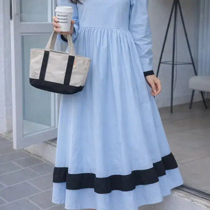 [SOLD OUT] 블루 롱 원피스 블랙 배색 포인트 <새제품>