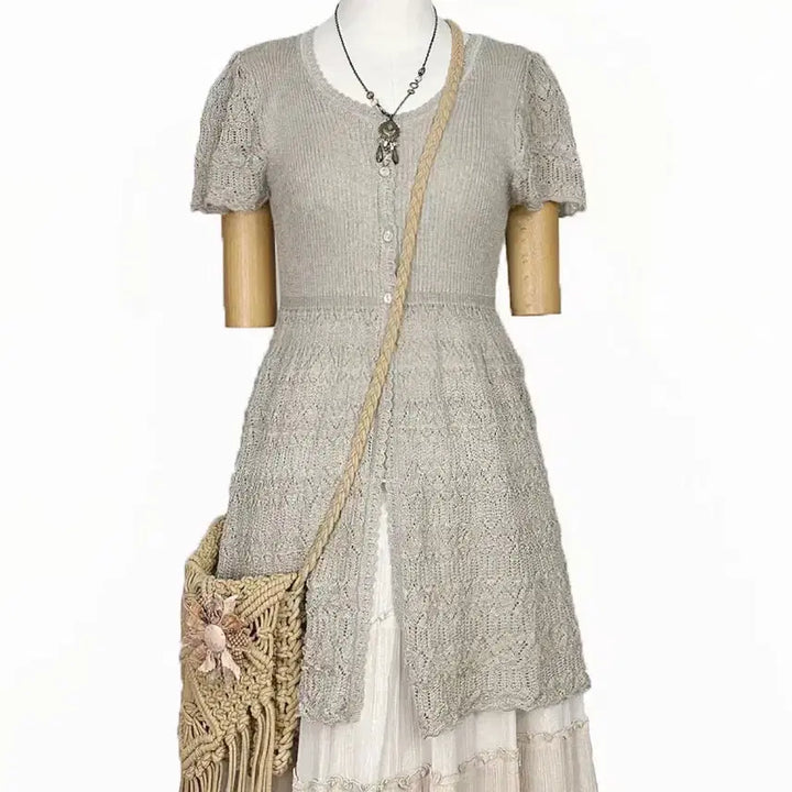 [BUNJANG] Vintage Semi-Open Knit Cardigan Dress Beige / 일본빈티지 반오픈트임 A라인니트가디건원피스베이지모리걸하구미룩갸루y2k히피