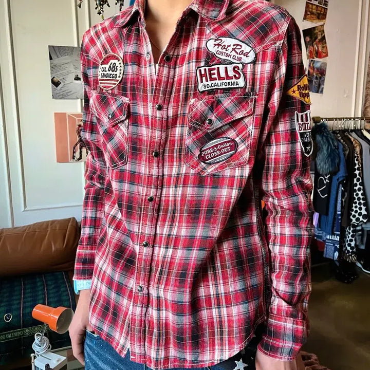 [SOLD OUT] 90s-00s M&amp;S 일본 빈티지 펑크 패치 레드 체크 웨스턴 셔츠 남방