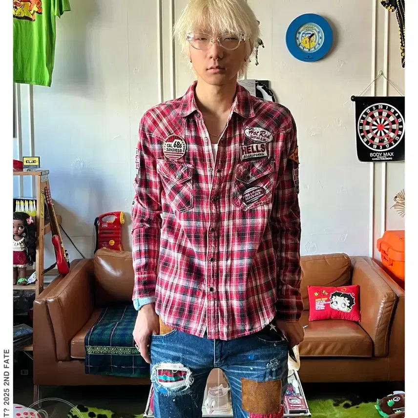 [SOLD OUT] 90s-00s M&amp;S 일본 빈티지 펑크 패치 레드 체크 웨스턴 셔츠 남방