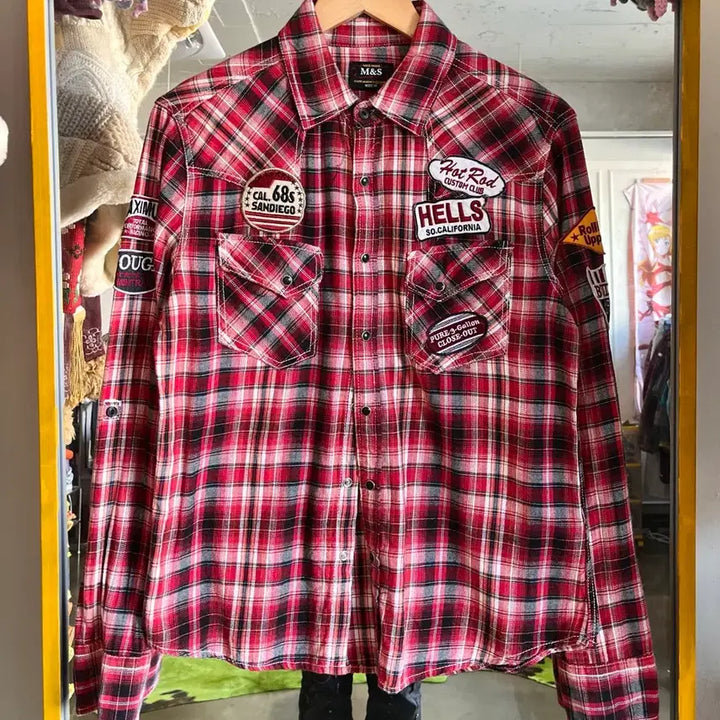 [SOLD OUT] 90s-00s M&amp;S 일본 빈티지 펑크 패치 레드 체크 웨스턴 셔츠 남방