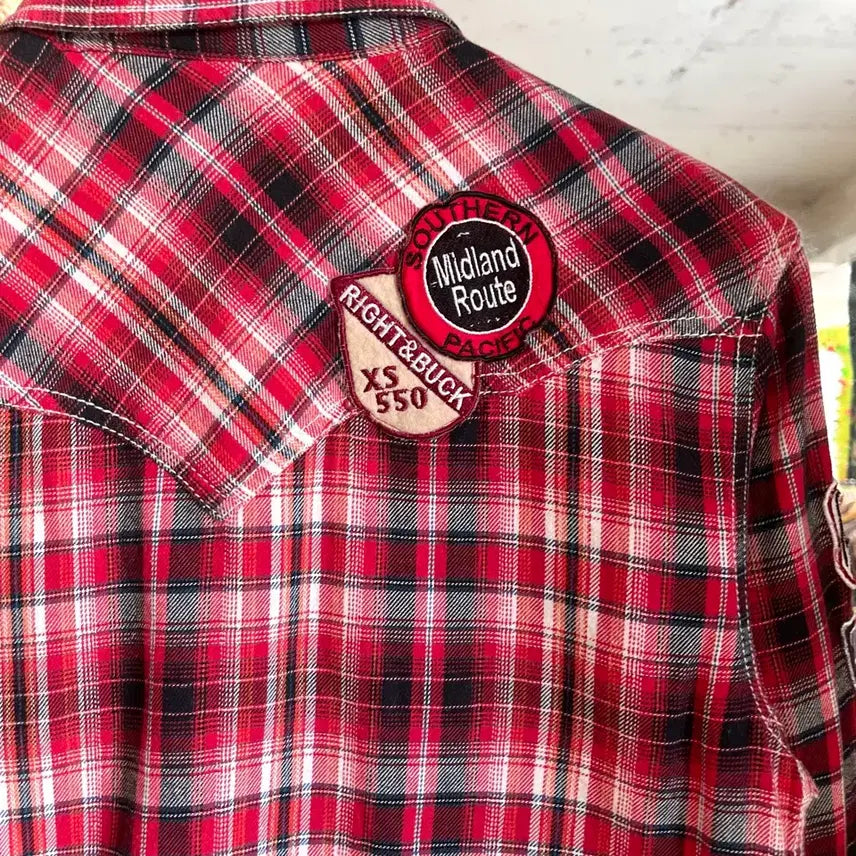 [SOLD OUT] 90s-00s M&amp;S 일본 빈티지 펑크 패치 레드 체크 웨스턴 셔츠 남방