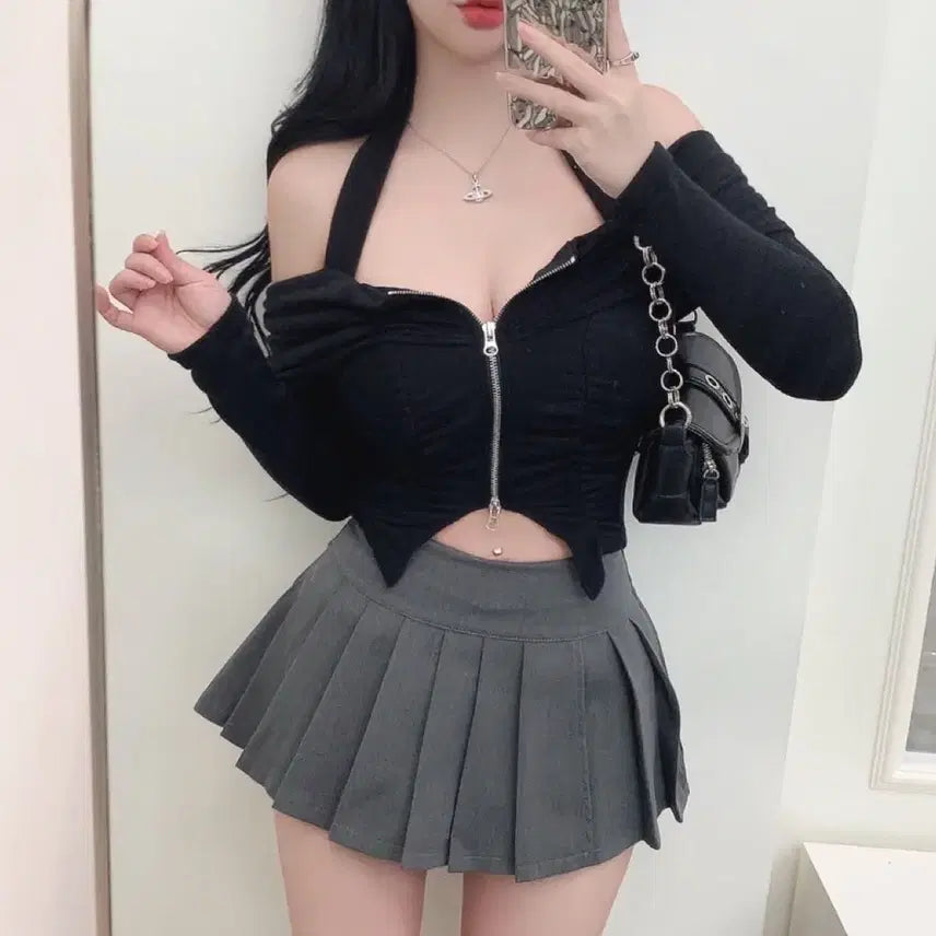 [BUNJANG] Halter Zip Crop Top / 홀터 지퍼 크롭 티