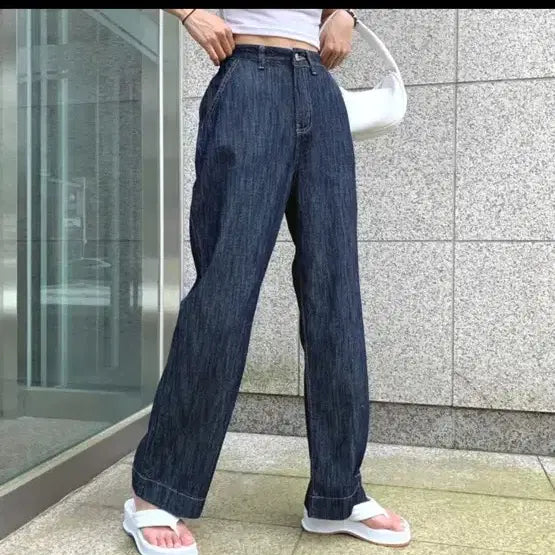 [BUNJANG] Ablly High-Waist Wide-Fit Denim Pants / 에이블리 뒷밴딩 생지 여름 가볍고 힙한 하이웨스트 와이드핏 데님팬츠