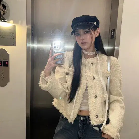 [BUNJANG] Khaki Point Antique Tweed Crop Jacket Ivory / 카키포인트 앤티크 크롭 트위드 자켓 아이보리