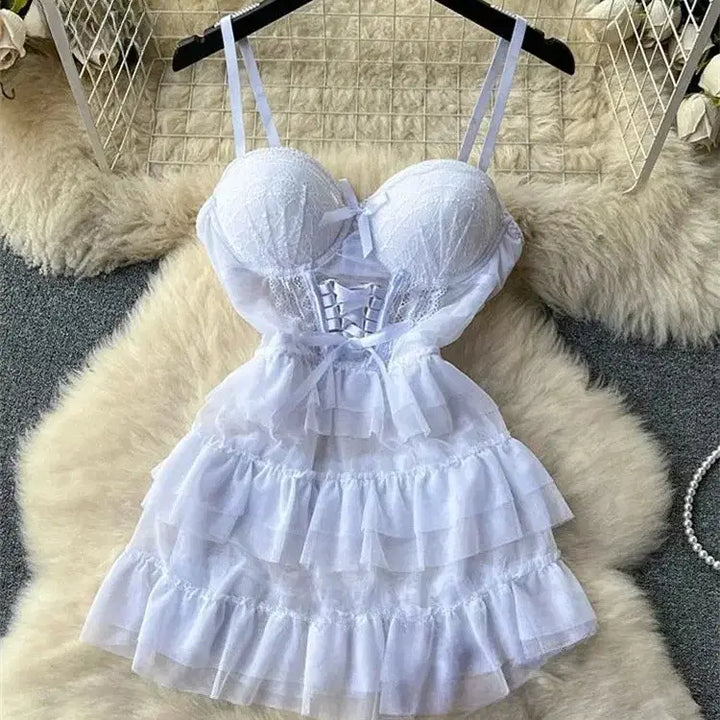 [BUNJANG] White Bustier Lace Frill Mini Dress / [당일발송] 화이트 뷔스티에 레이스 프릴 미니 원피스 시스루 섹시 잠옷