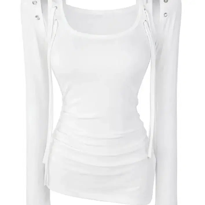 [BUNJANG] Ably White Eyelet Shirred Bolero Tank Top Set / 에이블리 화이트 아일렛 스트랩 셔링 볼레로 나시 세트