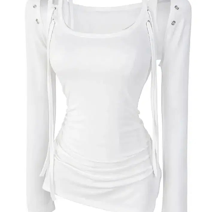 [BUNJANG] Ably White Eyelet Shirred Bolero Tank Top Set / 에이블리 화이트 아일렛 스트랩 셔링 볼레로 나시 세트