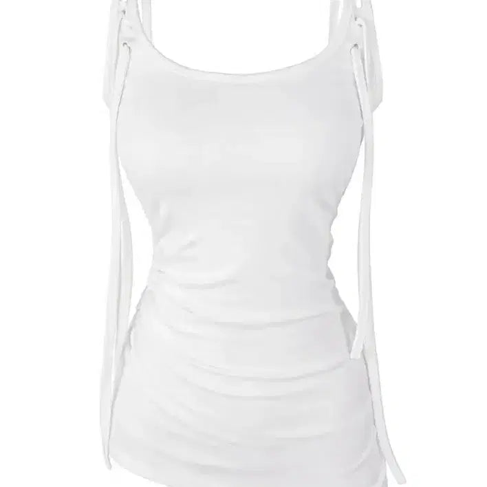 [BUNJANG] Ably White Eyelet Shirred Bolero Tank Top Set / 에이블리 화이트 아일렛 스트랩 셔링 볼레로 나시 세트