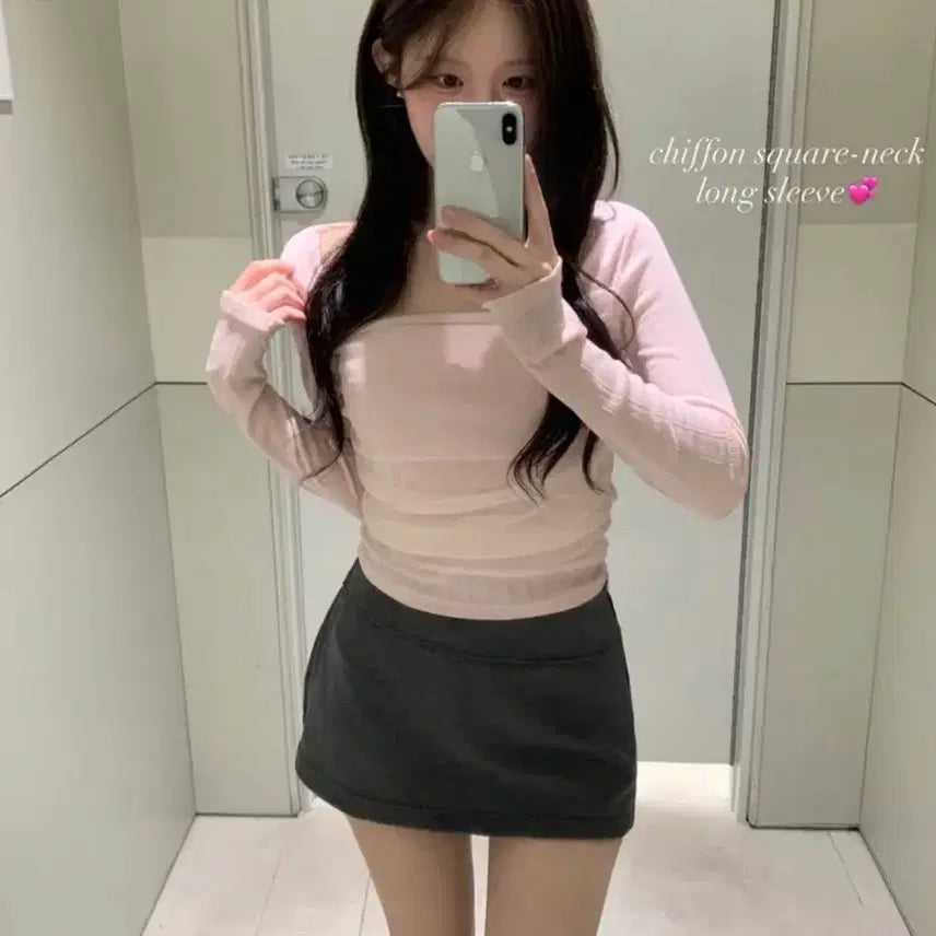 [BUNJANG] Chiffon Layered Square Neck Long Sleeve Top / 쉬폰 레이어드 스퀘어넥 긴팔