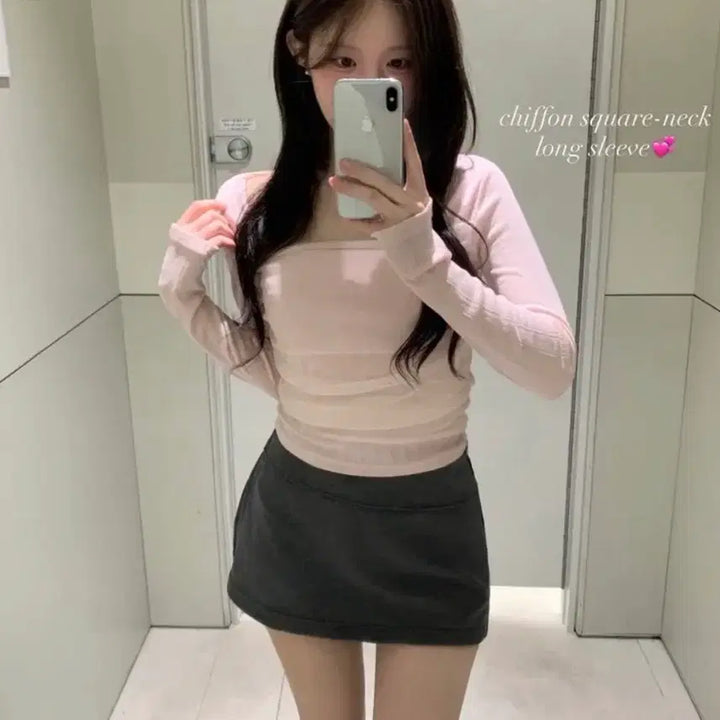 [BUNJANG] Chiffon Layered Square Neck Long Sleeve Top / 쉬폰 레이어드 스퀘어넥 긴팔