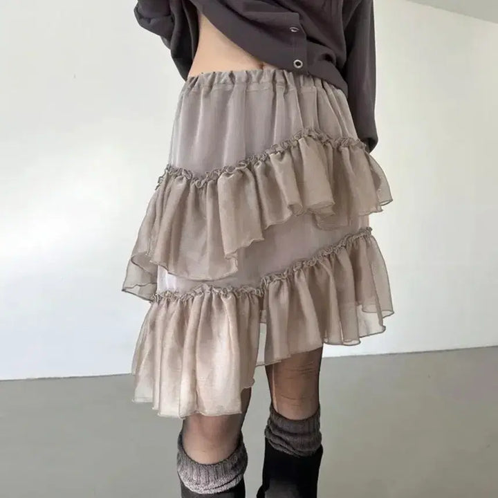 [BUNJANG] Innmute Seasonable See-through Frill Kkangkang Asymmetrical Midi Skirt / 이너뮤트 시즈너블 시스루 프릴 캉캉 언발 미디스커트
