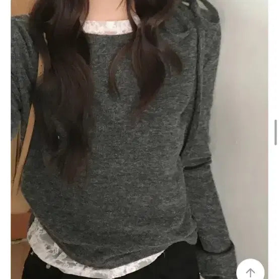 [BUNJANG] Secondplace Flower Lace Layered Wool Ribbon Knit T-shirt / 세컨드플레이스 플라워 레이스 레이어드 울 리본 니트 티셔츠