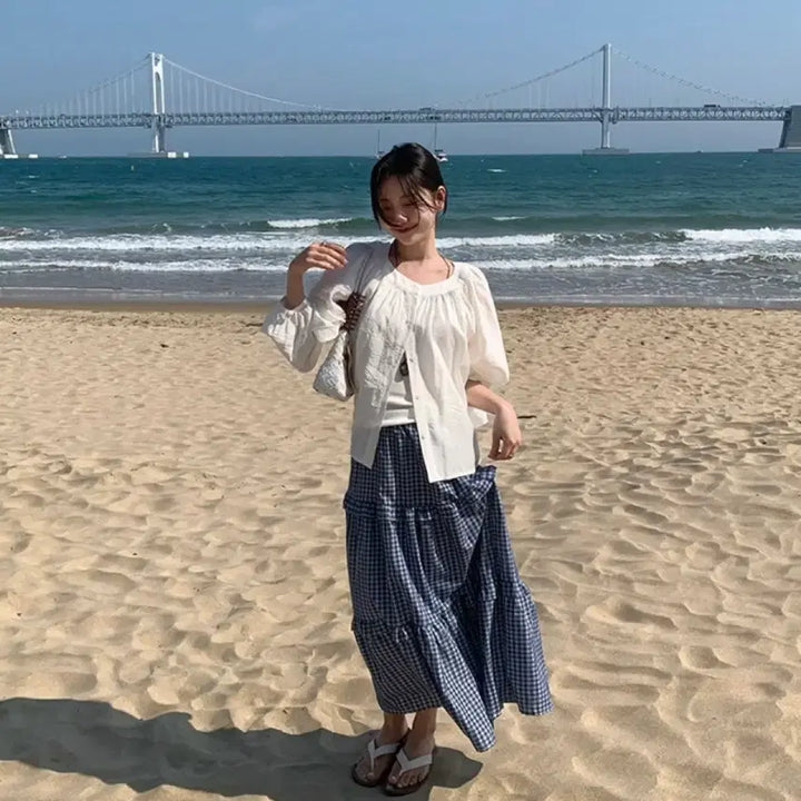 [BUNJANG] WithYoon Heize Check Tiered Skirt Blue / (택포, 새상품) 위드윤 헤이즈 체크 스커트 블루