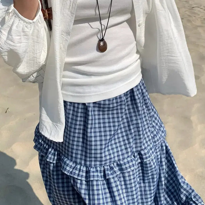 [BUNJANG] WithYoon Heize Check Tiered Skirt Blue / (택포, 새상품) 위드윤 헤이즈 체크 스커트 블루