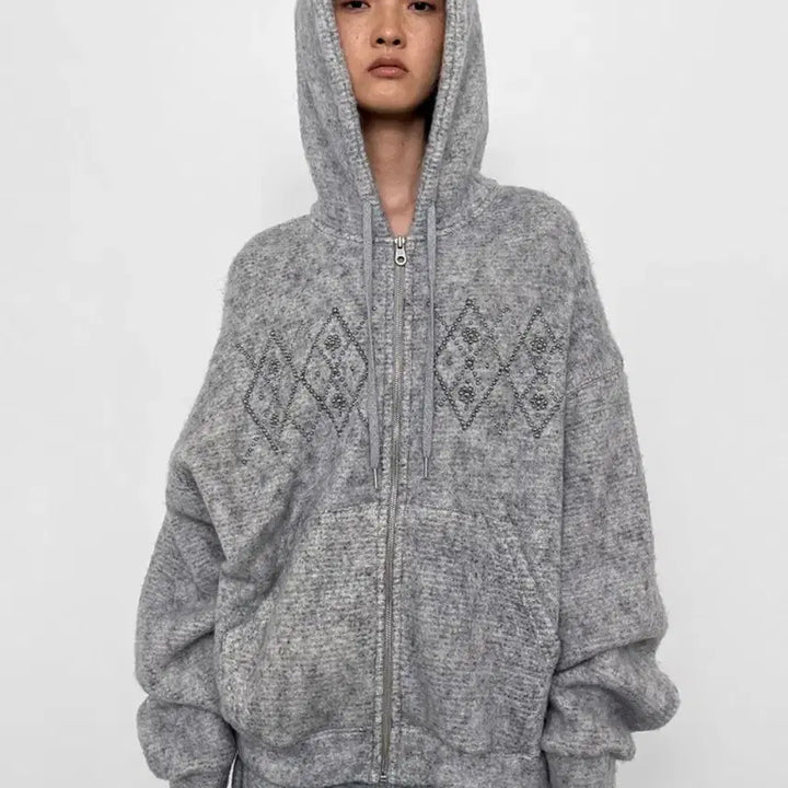 [BUNJANG] Polysooem Onzitatt Argyle Studded Hoodie / 폴리수엠 플러피 아가일 스터드 후디