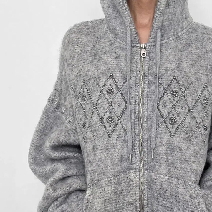 [BUNJANG] Polysooem Onzitatt Argyle Studded Hoodie / 폴리수엠 플러피 아가일 스터드 후디