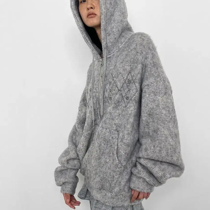 [BUNJANG] Polysooem Onzitatt Argyle Studded Hoodie / 폴리수엠 플러피 아가일 스터드 후디
