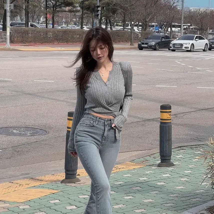 [BUNJANG] Hipnatic Mute Grey Blue High-Waist Bootcut Pants / 히프나틱 뮤트 그레이 블루 하이웨스트 부츠컷팬츠[제결밴딩]