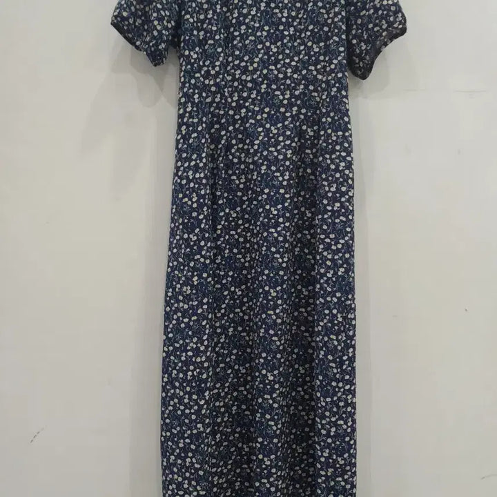[BUNJANG] Navy Floral Print Long Sleeve Dress / 잔꽃무늬 반팔 롱 원피스 네이비