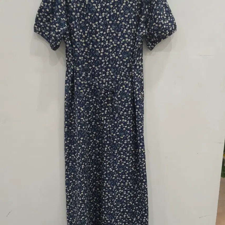 [BUNJANG] Navy Floral Print Long Sleeve Dress / 잔꽃무늬 반팔 롱 원피스 네이비