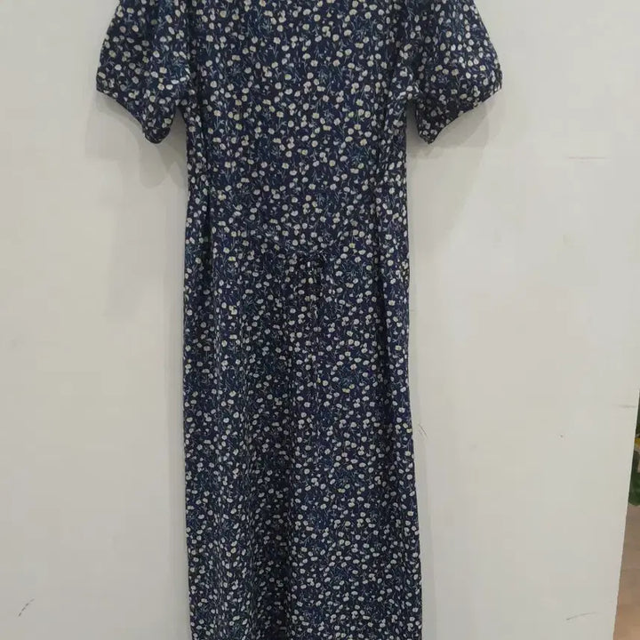 [BUNJANG] Navy Floral Print Long Sleeve Dress / 잔꽃무늬 반팔 롱 원피스 네이비
